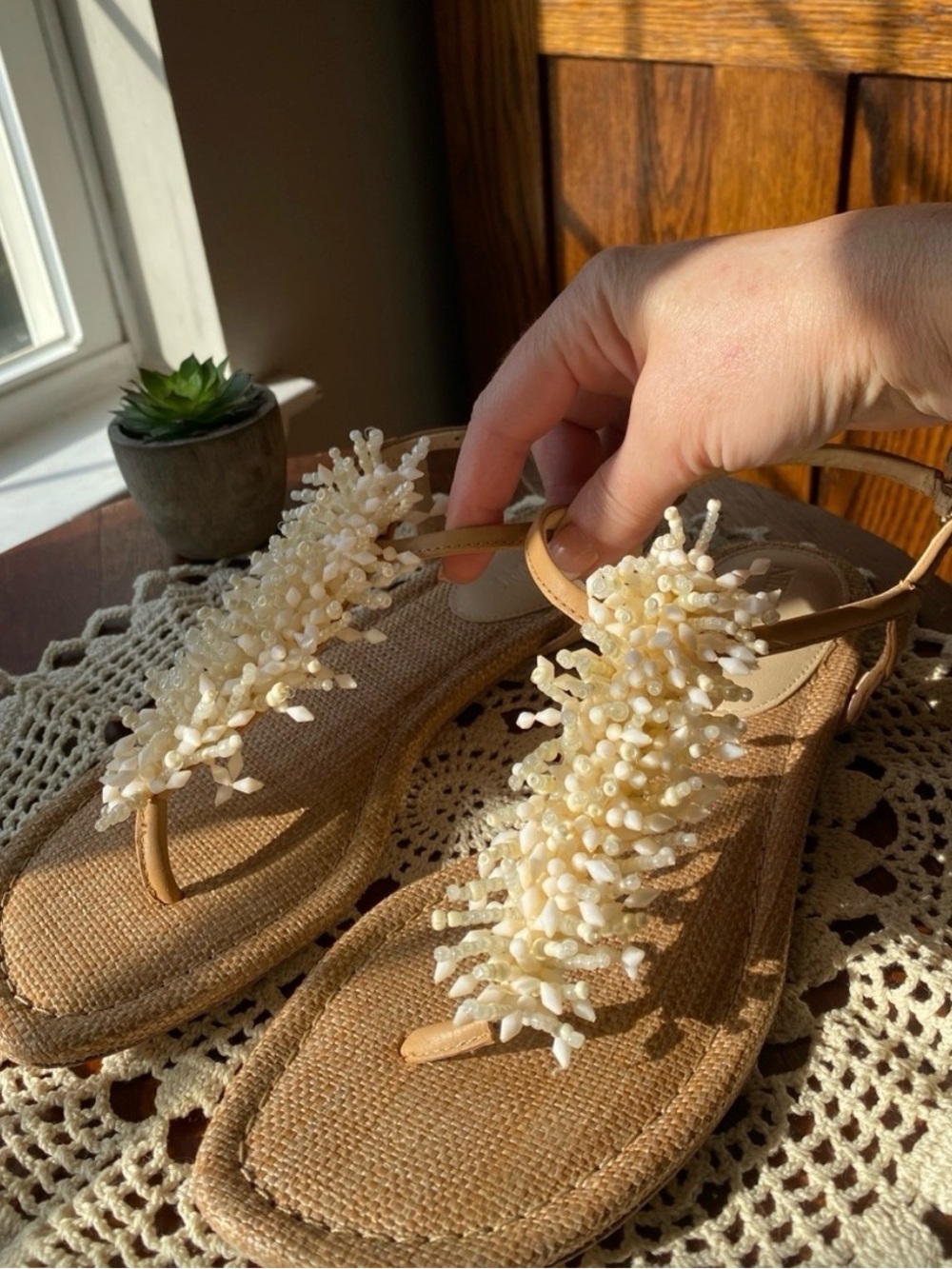 J. McLaughlin Beige Tan Sandal with Ivory Beaded Embellishment